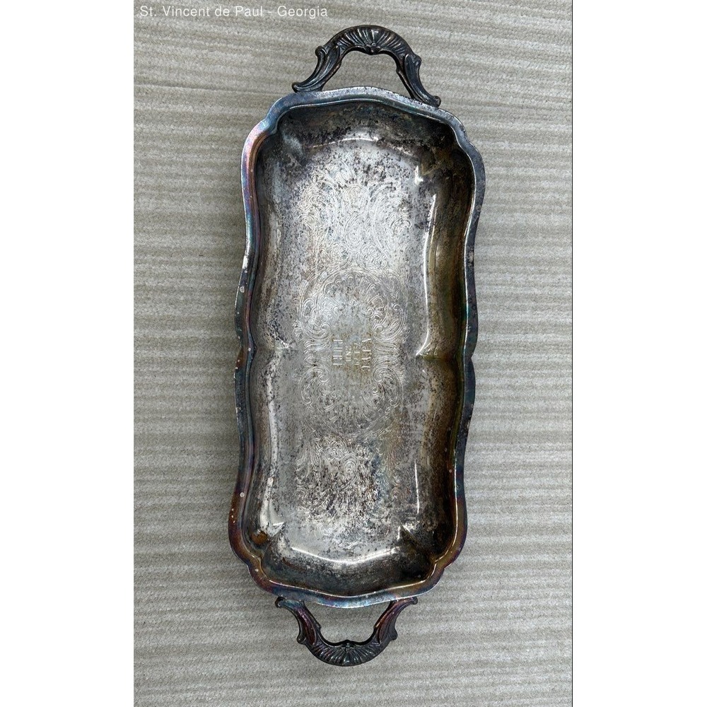 Leonard Silverplate Etched Serving Tray Footed Handles 14" Rectangular Patinaed